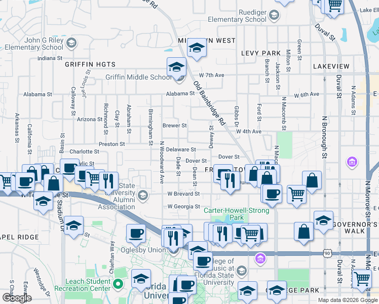 map of restaurants, bars, coffee shops, grocery stores, and more near 802 Dover Street in Tallahassee
