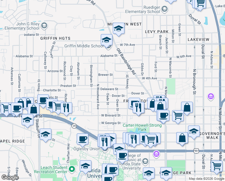 map of restaurants, bars, coffee shops, grocery stores, and more near 802 Dover Street in Tallahassee