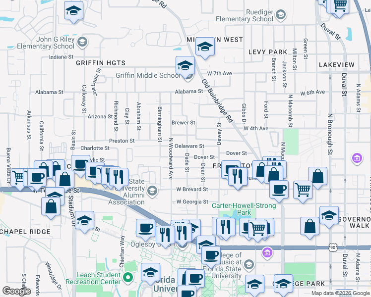 map of restaurants, bars, coffee shops, grocery stores, and more near 844 Dover Street in Tallahassee