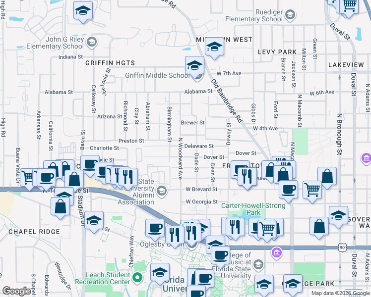 map of restaurants, bars, coffee shops, grocery stores, and more near 844 Dover Street in Tallahassee