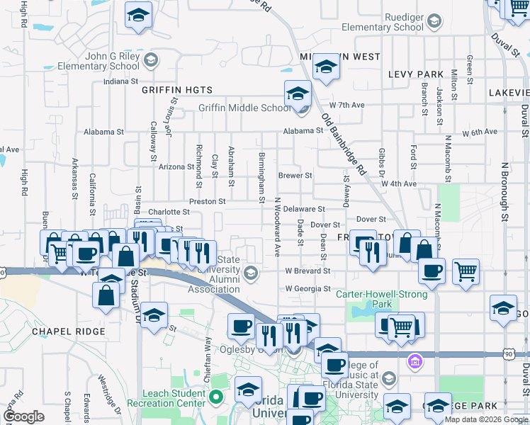 map of restaurants, bars, coffee shops, grocery stores, and more near 906 Dover Street in Tallahassee