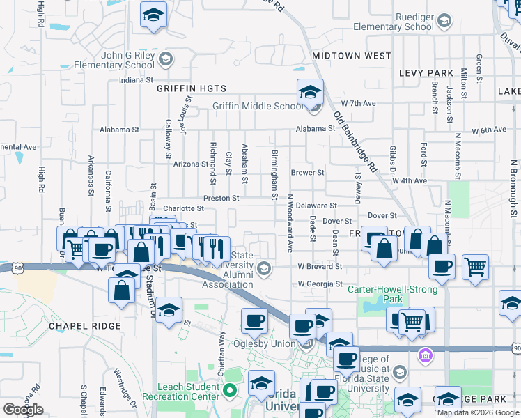 map of restaurants, bars, coffee shops, grocery stores, and more near 1017 Dover Street in Tallahassee