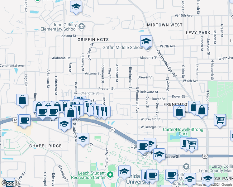 map of restaurants, bars, coffee shops, grocery stores, and more near 1049 Dover Street in Tallahassee