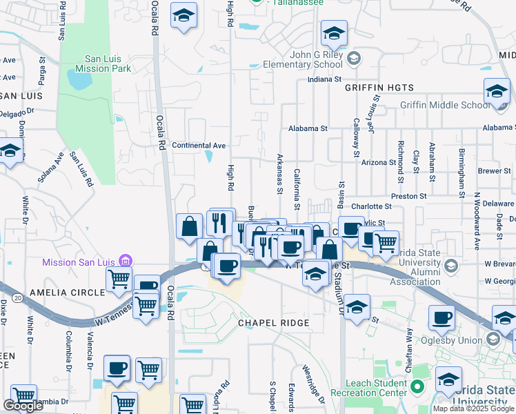 map of restaurants, bars, coffee shops, grocery stores, and more near 819 Buena Vista Drive in Tallahassee