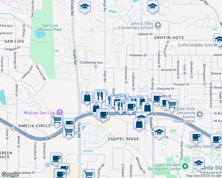 map of restaurants, bars, coffee shops, grocery stores, and more near 819 Buena Vista Drive in Tallahassee