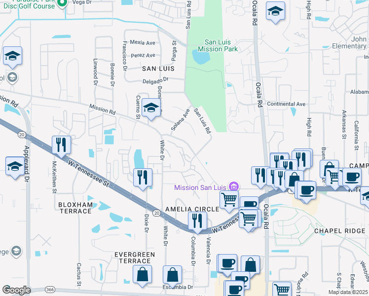 map of restaurants, bars, coffee shops, grocery stores, and more near 2277 Green Timbers Trail in Tallahassee