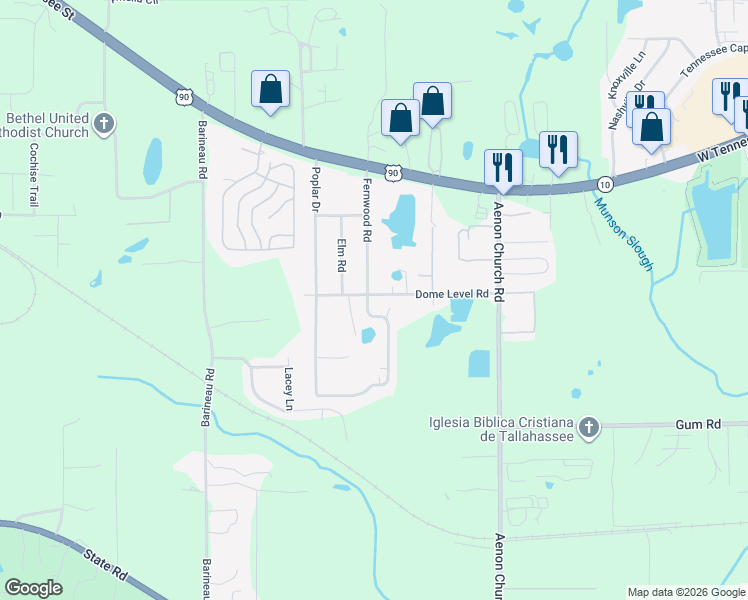 map of restaurants, bars, coffee shops, grocery stores, and more near 1165 Fernwood Road in Tallahassee