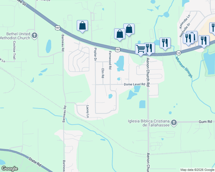 map of restaurants, bars, coffee shops, grocery stores, and more near 1165 Fernwood Road in Tallahassee