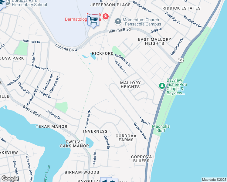 map of restaurants, bars, coffee shops, grocery stores, and more near 3177 Bayview Way in Pensacola