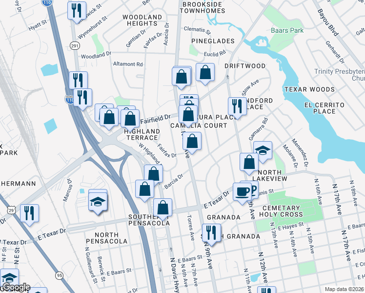 map of restaurants, bars, coffee shops, grocery stores, and more near 219 East Highland Drive in Pensacola
