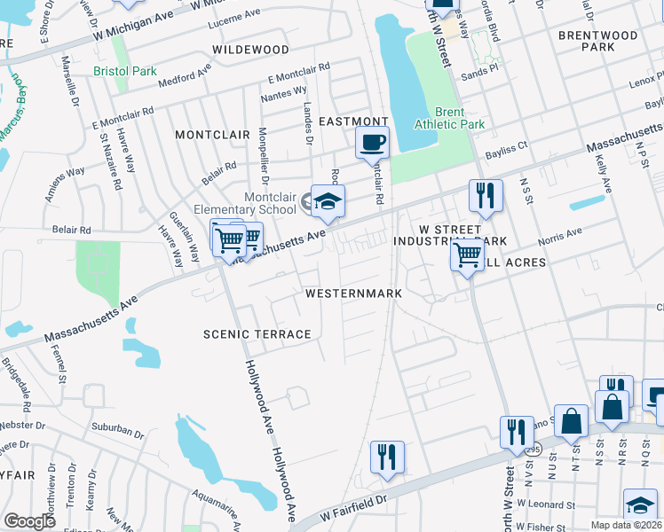 map of restaurants, bars, coffee shops, grocery stores, and more near 901 Massachusetts Avenue in Pensacola