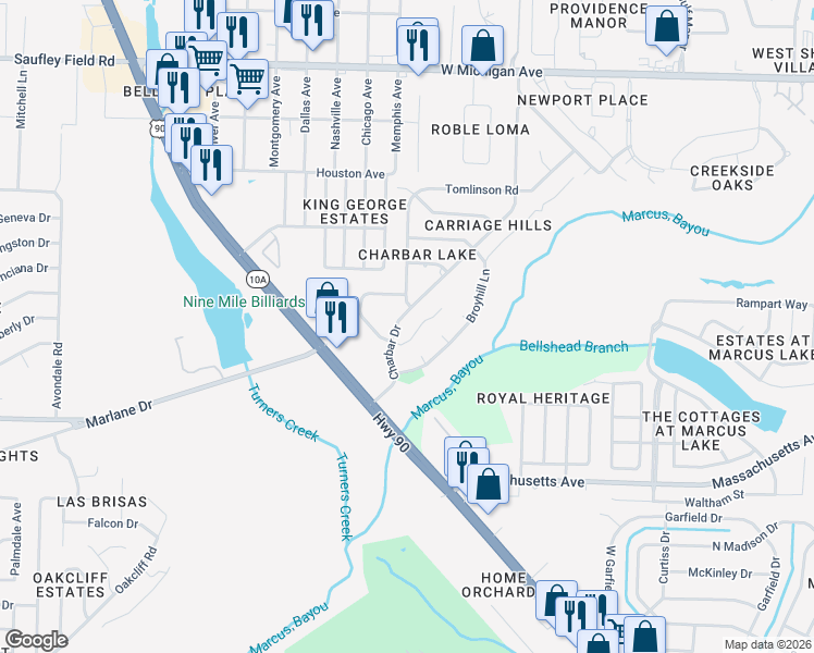 map of restaurants, bars, coffee shops, grocery stores, and more near 1845 Broyhill Court in Pensacola