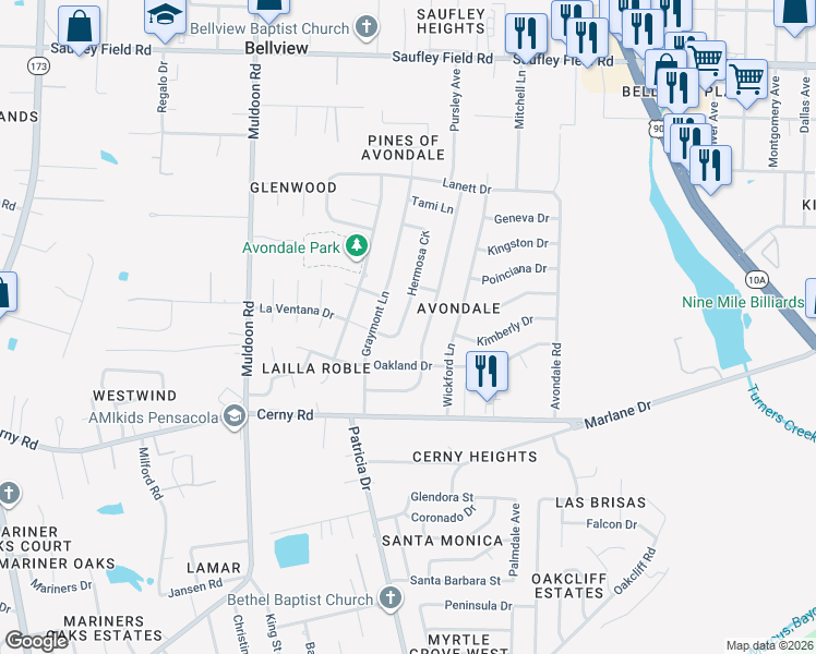 map of restaurants, bars, coffee shops, grocery stores, and more near 5672 Hermosa Circle in Pensacola