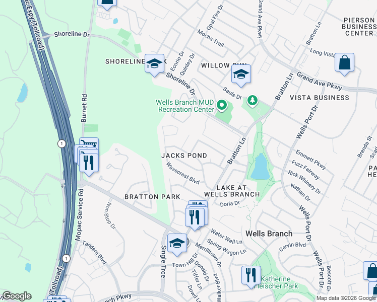 map of restaurants, bars, coffee shops, grocery stores, and more near 14924 Jacks Pond Road in Austin
