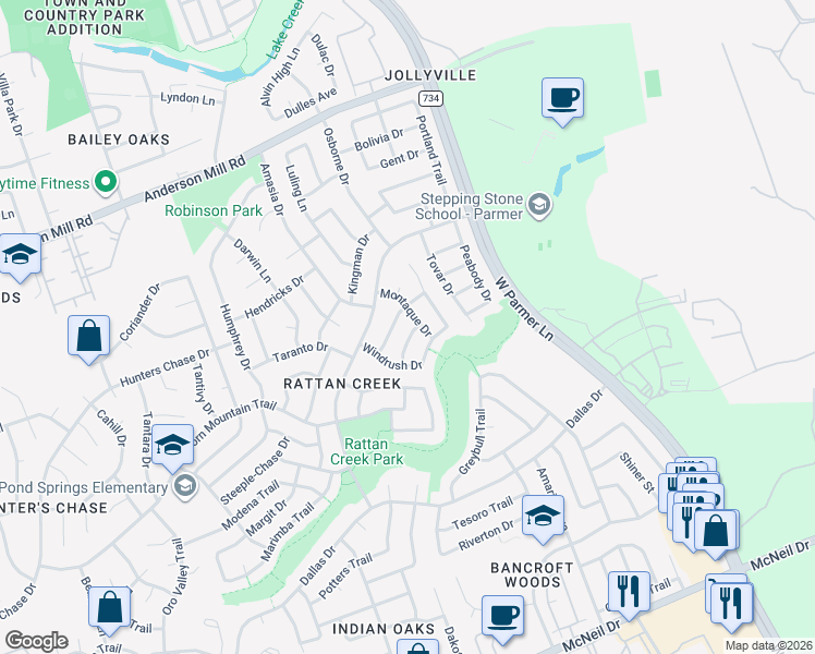 map of restaurants, bars, coffee shops, grocery stores, and more near 13211 Vendrell Drive in Austin