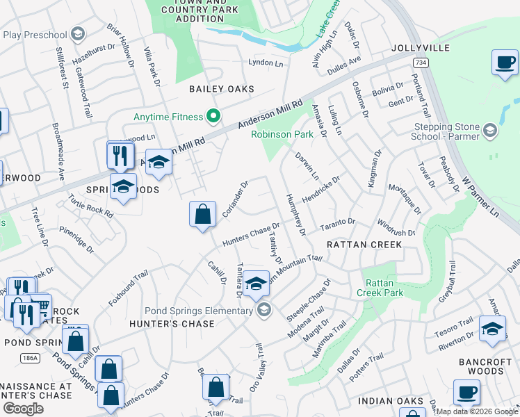 map of restaurants, bars, coffee shops, grocery stores, and more near 13014 Hunters Chase Drive in Austin