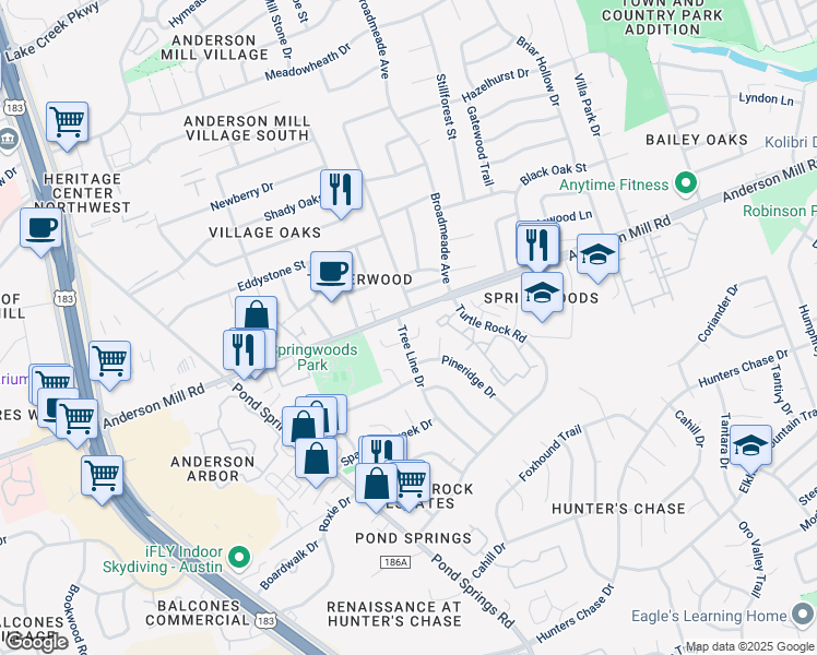 map of restaurants, bars, coffee shops, grocery stores, and more near 9009 Sawtooth Lane in Austin