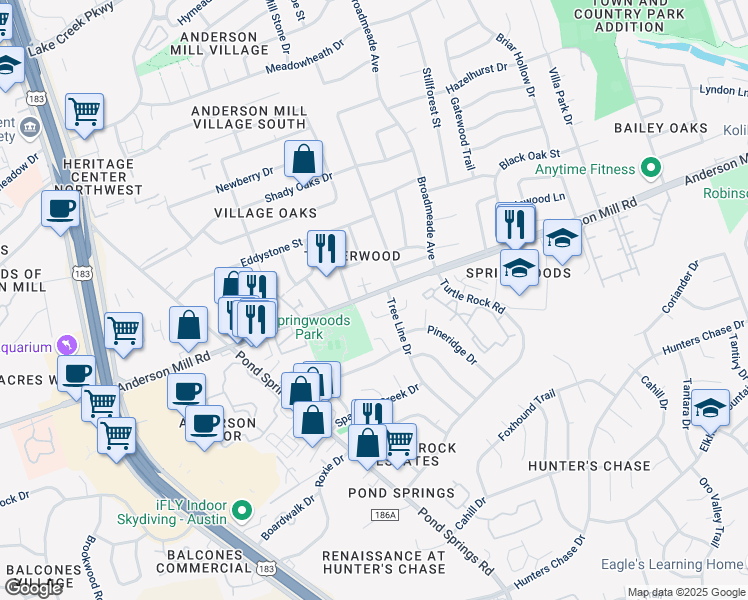 map of restaurants, bars, coffee shops, grocery stores, and more near 9020 Sawtooth Lane in Austin
