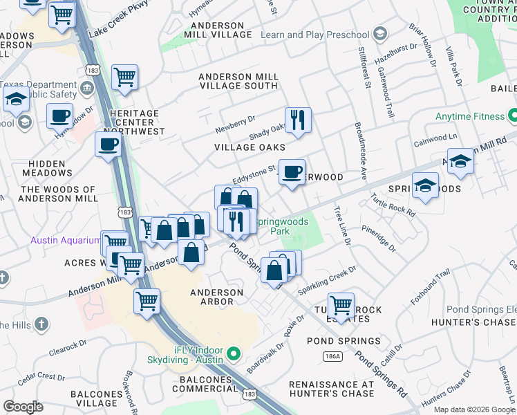 map of restaurants, bars, coffee shops, grocery stores, and more near 9300 Anderson Mill Road in Austin