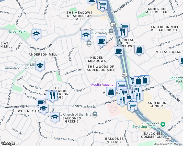 map of restaurants, bars, coffee shops, grocery stores, and more near 12205 Waxwing Circle in Austin