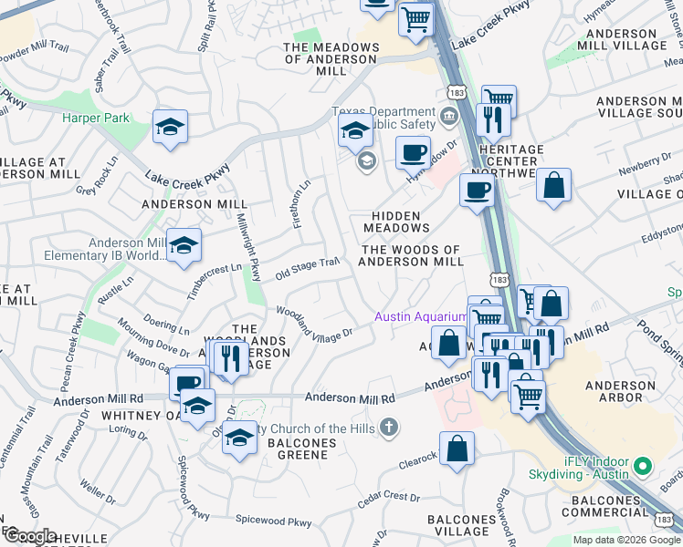 map of restaurants, bars, coffee shops, grocery stores, and more near 12114 Robin Ridge Lane in Austin