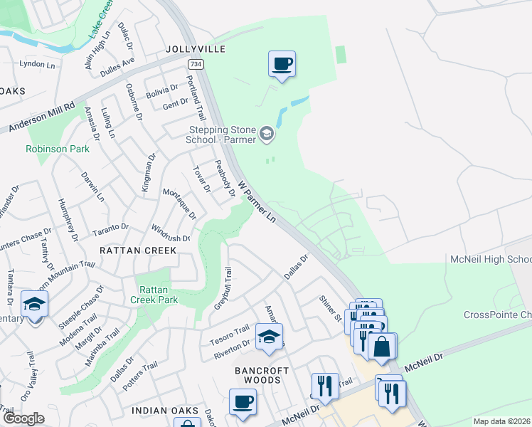 map of restaurants, bars, coffee shops, grocery stores, and more near 7011 West Parmer Lane in Austin
