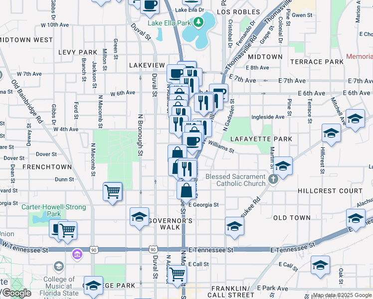 map of restaurants, bars, coffee shops, grocery stores, and more near 893-897 North Monroe Street in Tallahassee