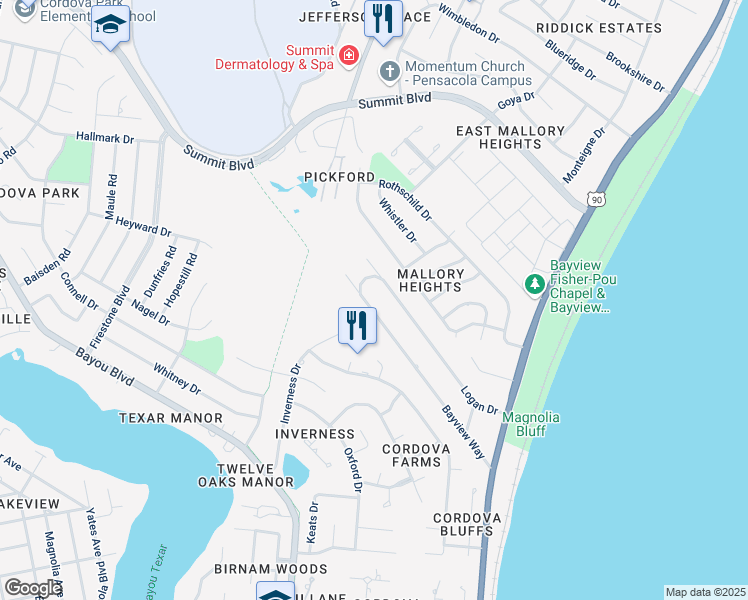 map of restaurants, bars, coffee shops, grocery stores, and more near 3177 Bayview Way in Pensacola