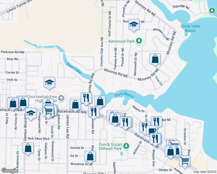 map of restaurants, bars, coffee shops, grocery stores, and more near 570 L Ombre Circle Northeast in Fort Walton Beach