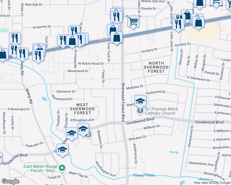 map of restaurants, bars, coffee shops, grocery stores, and more near 645 South Burgess Drive in Baton Rouge