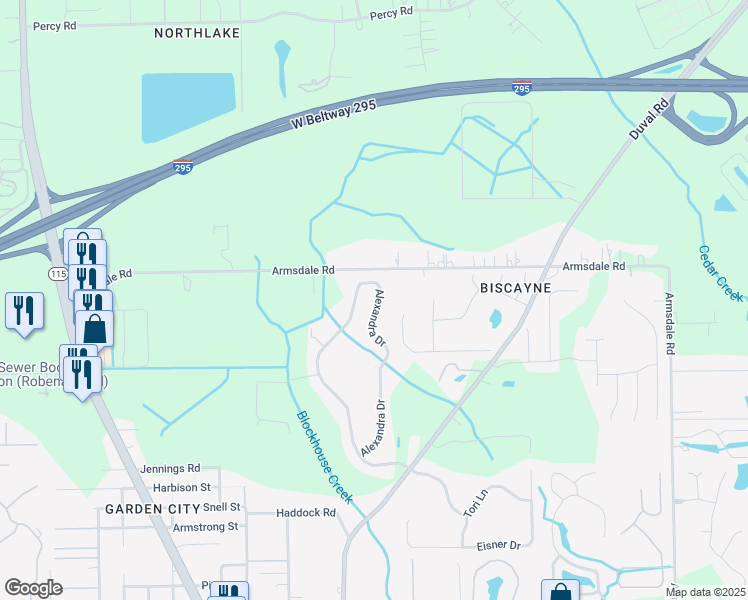 map of restaurants, bars, coffee shops, grocery stores, and more near 12022 Alexandra Drive in Jacksonville