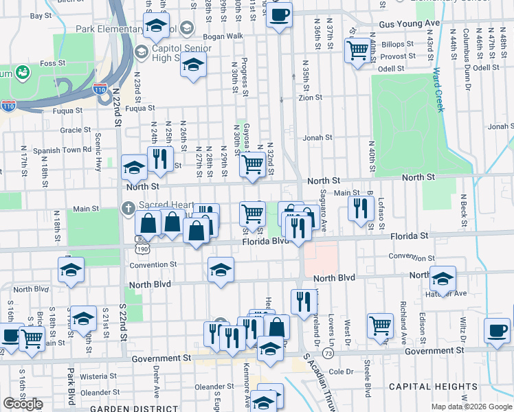 map of restaurants, bars, coffee shops, grocery stores, and more near 3001 Laurel Street in Baton Rouge