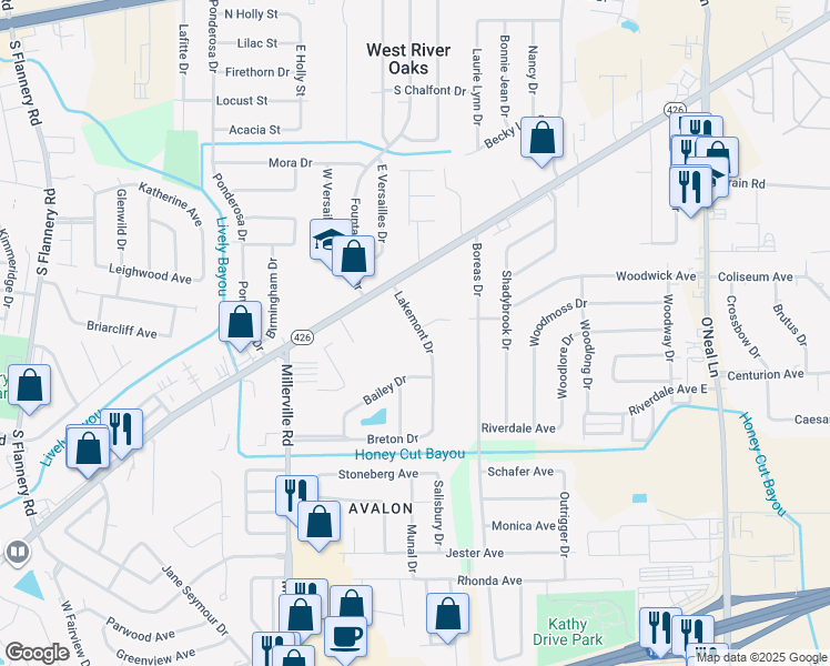 map of restaurants, bars, coffee shops, grocery stores, and more near 1110 Lakemont Drive in Baton Rouge