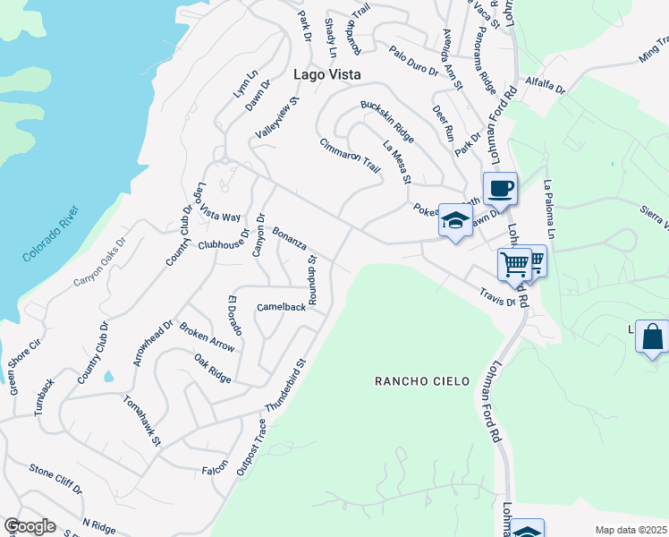 map of restaurants, bars, coffee shops, grocery stores, and more near 20501 Bonanza in Leander