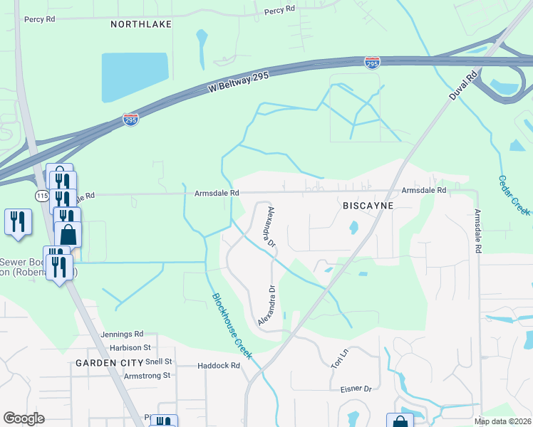 map of restaurants, bars, coffee shops, grocery stores, and more near 12022 Alexandra Drive in Jacksonville