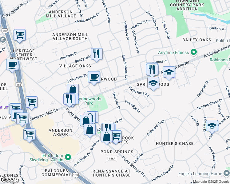 map of restaurants, bars, coffee shops, grocery stores, and more near 9009 Sawtooth Lane in Austin
