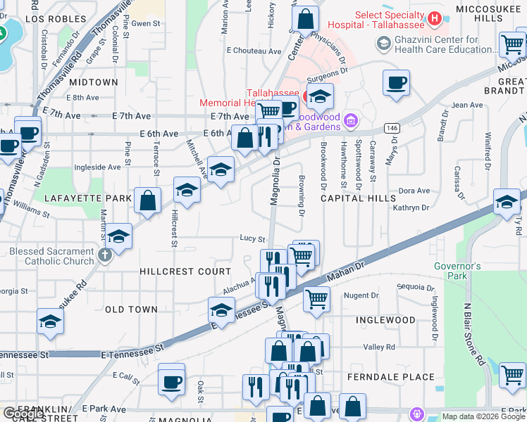 map of restaurants, bars, coffee shops, grocery stores, and more near 1222 Devils Dip in Tallahassee