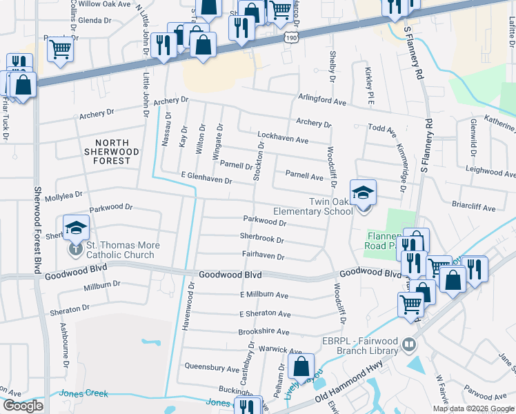 map of restaurants, bars, coffee shops, grocery stores, and more near 12441 Parkwood Drive in Baton Rouge
