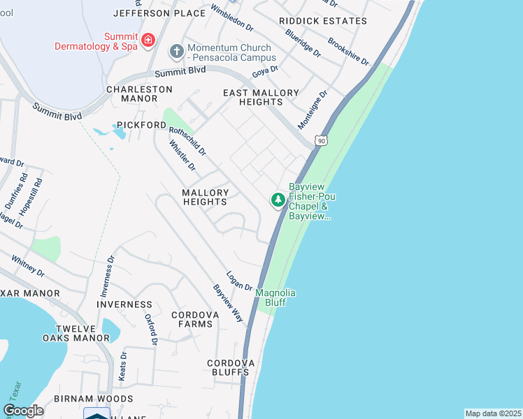 map of restaurants, bars, coffee shops, grocery stores, and more near 3510 Rothschild Drive in Pensacola