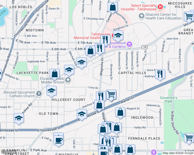 map of restaurants, bars, coffee shops, grocery stores, and more near 1222 Devils Dip in Tallahassee