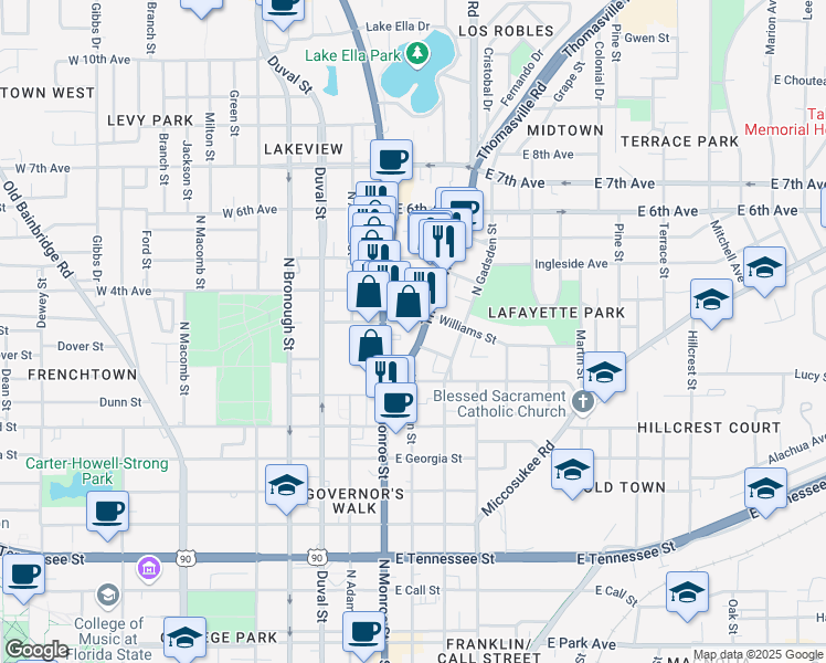 map of restaurants, bars, coffee shops, grocery stores, and more near 311 North Gadsden Street in Tallahassee