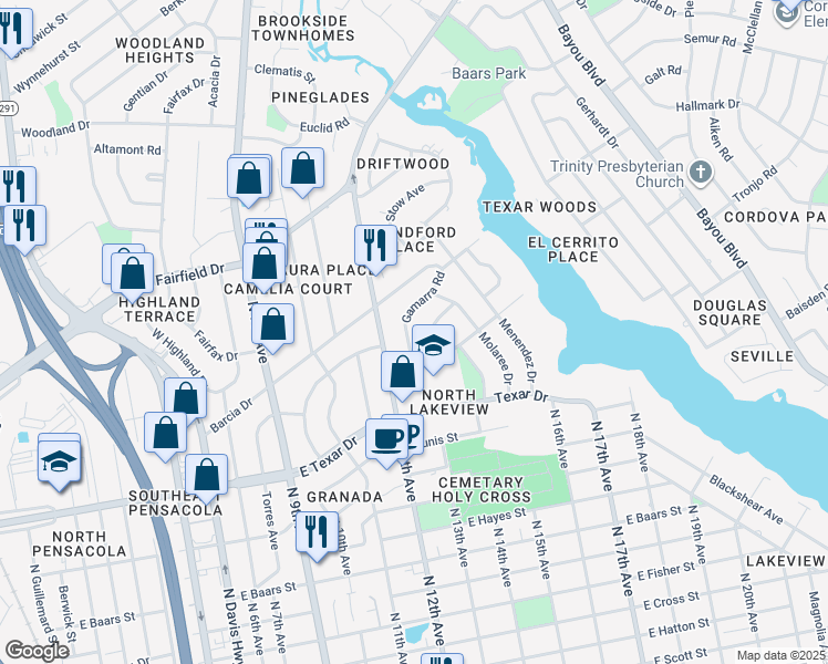 map of restaurants, bars, coffee shops, grocery stores, and more near 351 Gamarra Road in Pensacola