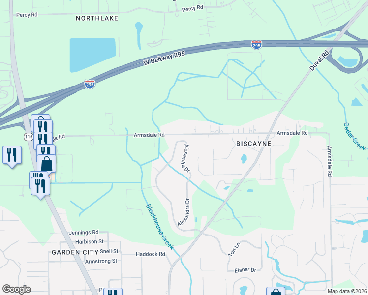 map of restaurants, bars, coffee shops, grocery stores, and more near 11997 Alexandra Drive in Jacksonville