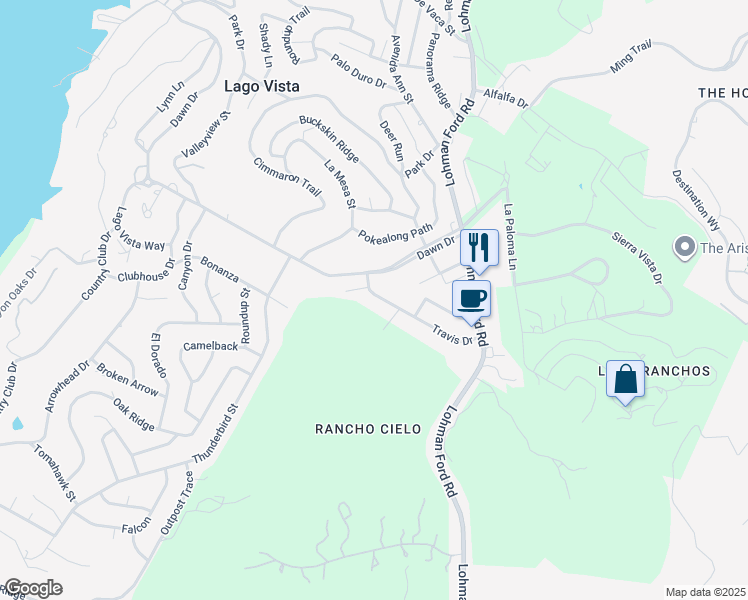 map of restaurants, bars, coffee shops, grocery stores, and more near 20311 Dawn Drive in Lago Vista