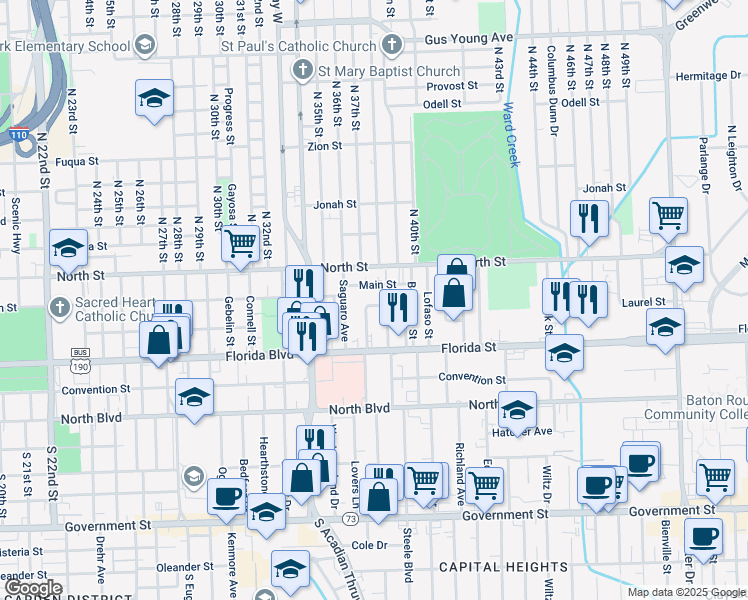 map of restaurants, bars, coffee shops, grocery stores, and more near 3732 Main Street in Baton Rouge