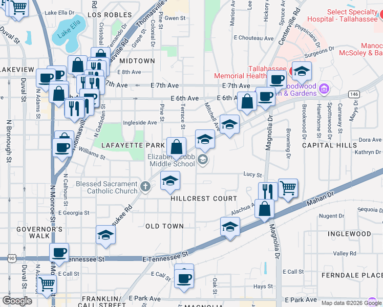 map of restaurants, bars, coffee shops, grocery stores, and more near 936-998 County Road 146 in Tallahassee