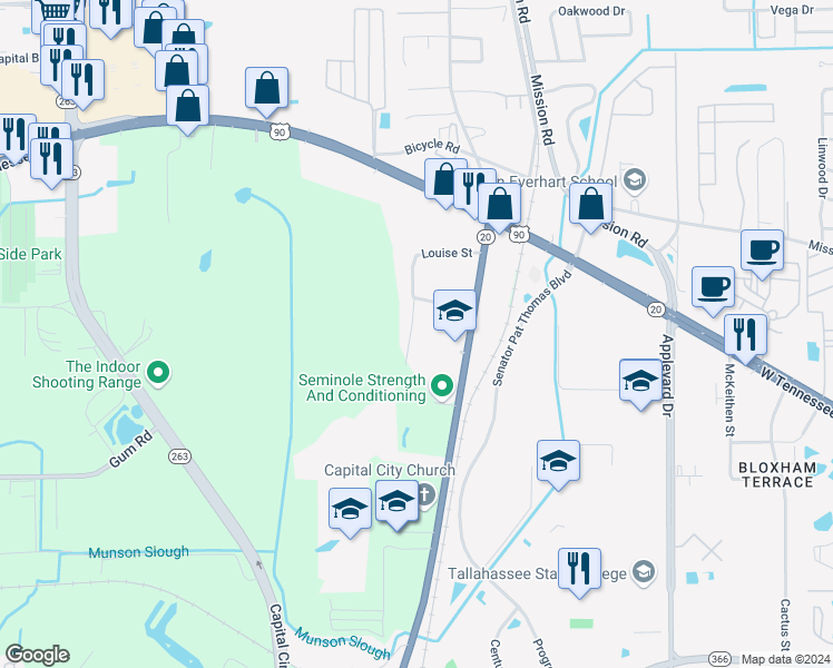 map of restaurants, bars, coffee shops, grocery stores, and more near 1332 Burgess Drive in Tallahassee