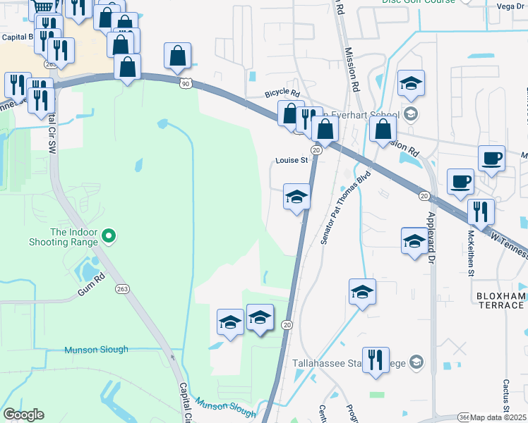 map of restaurants, bars, coffee shops, grocery stores, and more near 1332 Burgess Drive in Tallahassee