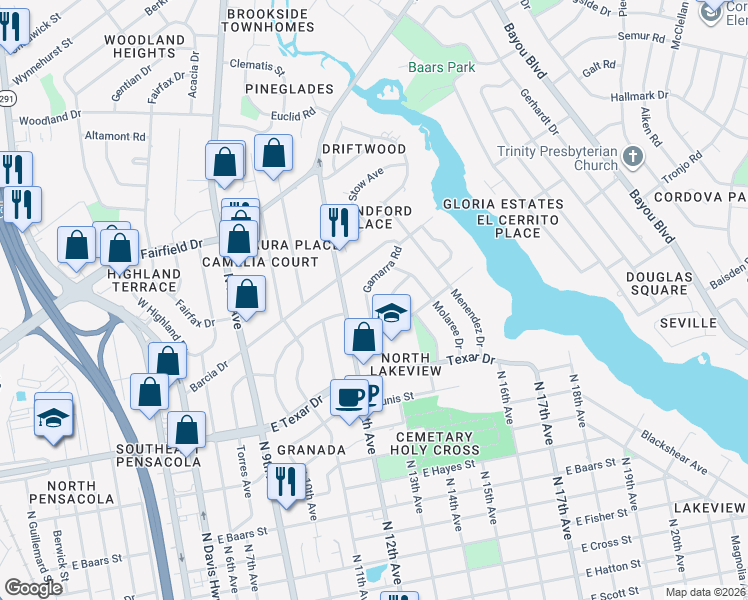map of restaurants, bars, coffee shops, grocery stores, and more near 351 Gamarra Road in Pensacola