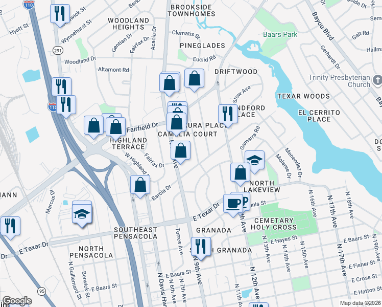 map of restaurants, bars, coffee shops, grocery stores, and more near 3814 North 9th Avenue in Pensacola